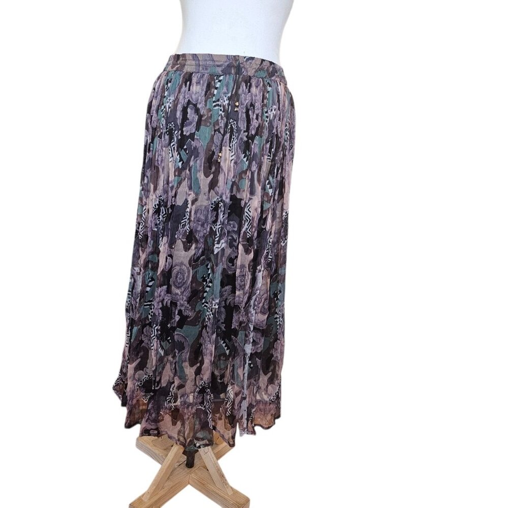 VTG Chiffon Gathered Pullon Maxi Skirt Dark Floral Animal Print Rayon Drawstring